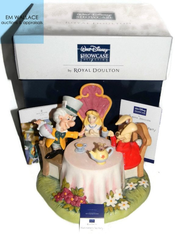 ROYAL DOULTON DISNEY MAD HATTER TABLEAU DM15: ROYAL DOULTON DISNEY MAD HATTER TABLEAU DM15: Intricate ceramic tableau by Royal Doulton depicting the characters from Lewis Carroll's, 'Alice in Wonderland'. Released as part of the Walt Disney Showc