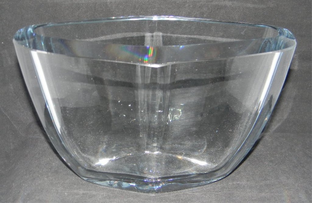 SWEDISH STROMBERG LIGHT BLUE ART GLASS VASE: SWEDISH STROMBERG LIGHT BLUE ART GLASS VASE: Vintage Stromberg, Sweden art glass vase of thick modified diamond shaped glass with a finely chamfered lip, etched, "Stromberg T283" on base, 6.5" h x 10"