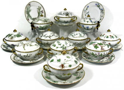 BING & GRONDAHL PORCELAIN FLORA DANICA SERVICE 33PCS: BING & GRONDAHL PORCELAIN FLORA DANICA SERVICE 33PCS BOUILLON BOWLS & PLATES: Denmark, c. 1948 – 1952, 33 piece service for 12 with one extra, Bing & Grondahl porcelain double handled bullion cups w