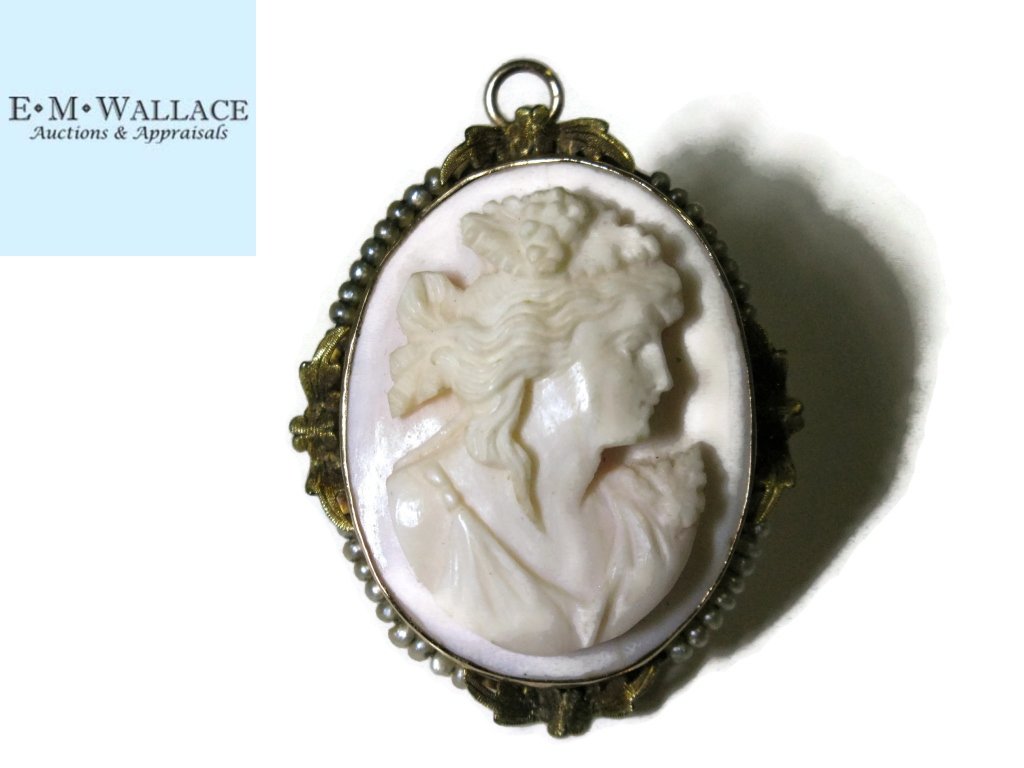 ANTIQUE 10K GOLD PINK SHELL CAMEO PENDANT BROOCH (1 of 10)