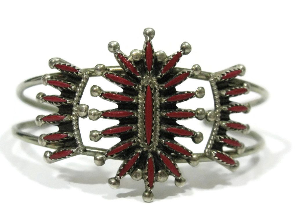 SIGNED ZUNI STERLING CUFF BRACELET W/ CORAL (1 of 5)