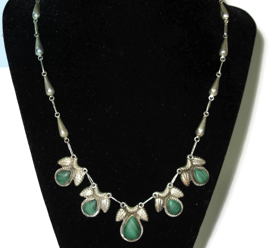 VINTAGE SIGNED SILVER MEXICO NECKLACE W/ MALACHITE (1 of 5)