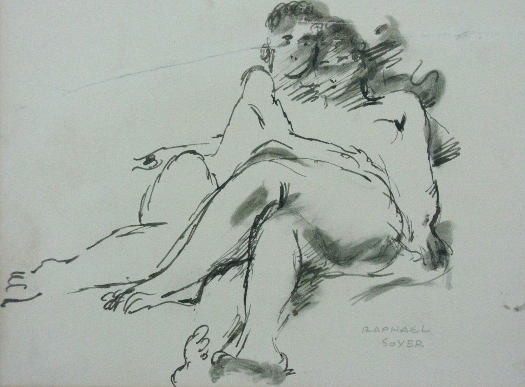 RAPHAEL SOYER INK DRAWING NUDES EMBRACING (1 of 5)