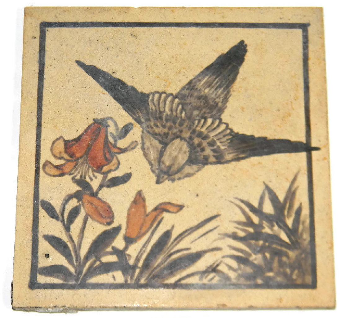 19TH C. MINTONS CHINA WORKS PAINTED BIRD TILE: 19TH C. MINTONS CHINA WORKS HNAD PAINTED TILE: Square tile with the image of a bird flying above a lily, cast on verso 'MINTON'S CHINA WORKS STOKE N TRENT,' 6" x 6".