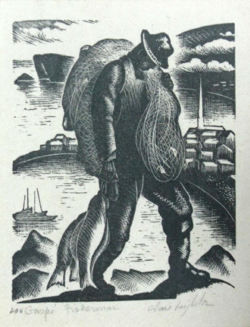CLAIRE LEIGHTON SIGNED WOODCUT GASPE FISHERMAN: CLAIRE LEIGHTON SIGNED WOODCUT GASPE FISHERMAN: Clare Leighton (1898-1989, United Kingdom, America), pencil signed wood engraving titled, 'Gaspe Fisherman,' signed numbered and titled in the margins, 