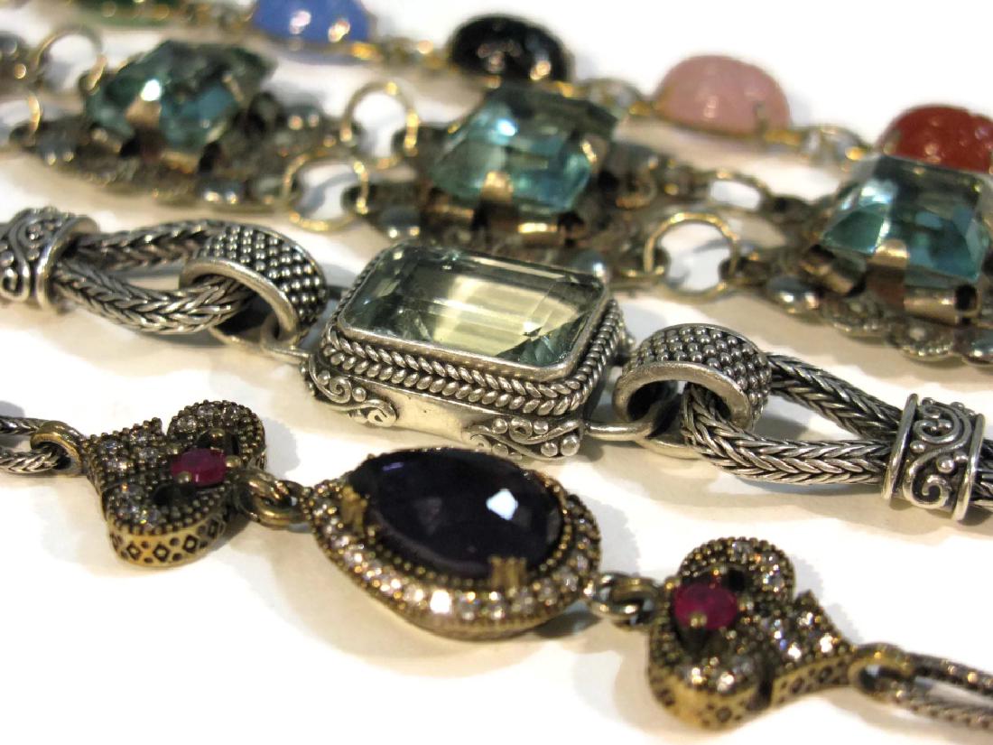 VINTAGE STERLING & GEMSTONE BRACELETS: VINTAGE STERLING SILVER GEMSTONE JEWELRY: Set with gemstones and faux stones to include: 1.) Antique bracelet gold over sterling settings set with a large pear shaped faceted amethyst (14x10x5mm) surr