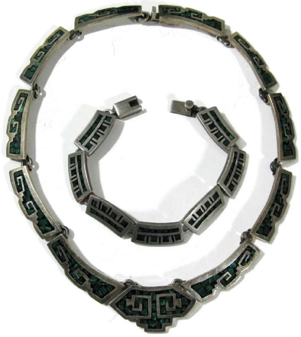 SIGNED TAXCO STERLING NECKLACE BRACELET MALACHITE (1 of 5)