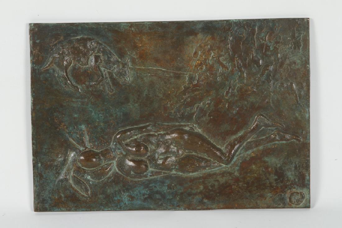Robert Chester Thomas: (California / Kansas, 1924-1987) Sculptural bronze wall plaque of nude female sleeping in the desert with wolf behind. Signed on verso and at the bottom right side. Good condition. H6 5/8" W9 5/8" Col