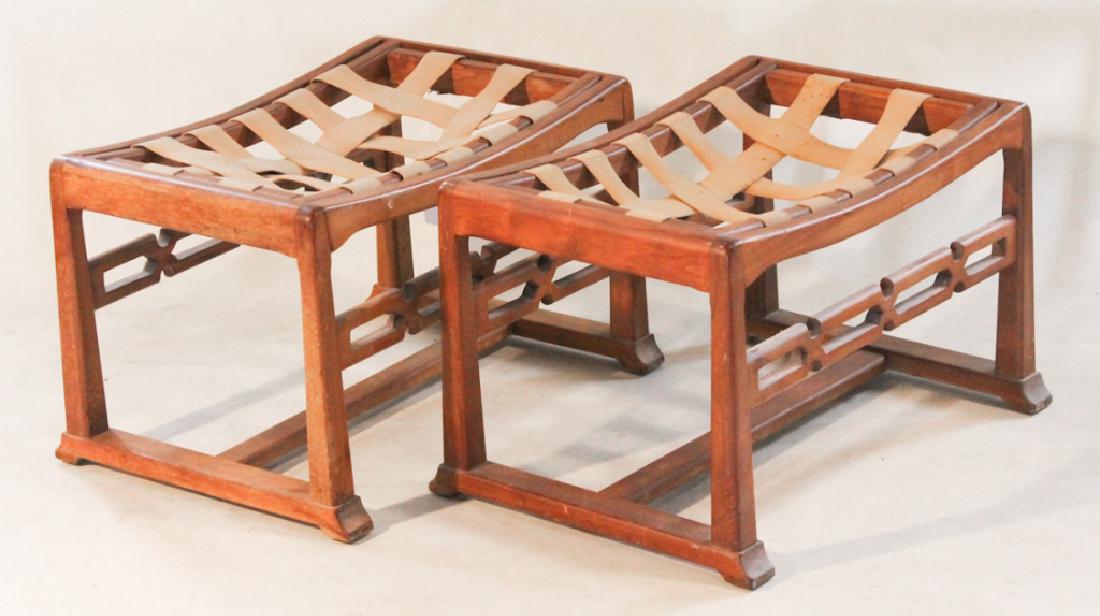 Danish Modern Teak Luggage Racks: Webbed top above shaped legs and trestle base. H16 Â½â€ W27â€ D19 Â¾â€
