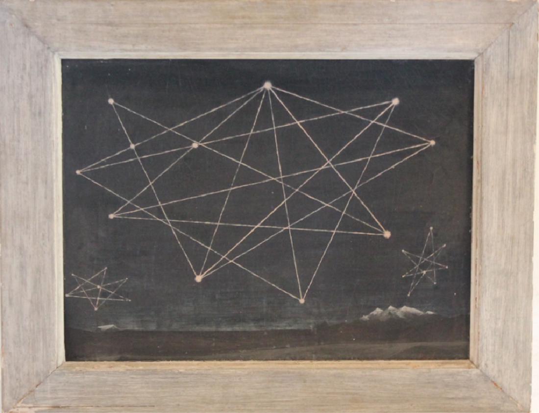 Maria Luisa Pacheco: (New York / Bolivia, 1919-1982) Oil on artist board signed lower right and titled on verso, "Southern Cross Over The Andes Mountains." Framed: H25 3/4" W32 3/4" Note: The piece is said to have been co