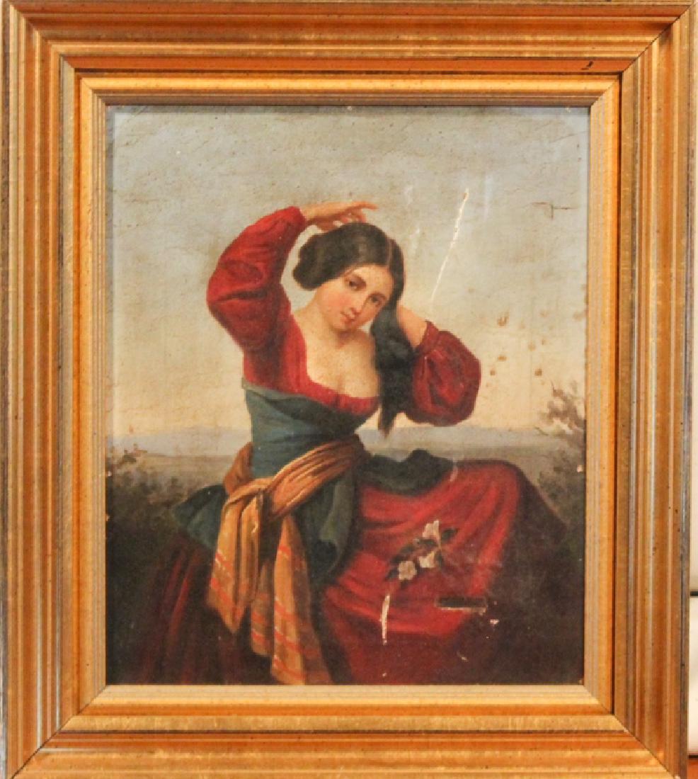 Continental School: Early 19th century. Oil on canvas portrait of young lady in landscape. Framed: H13 Â¼â€ W11 Â½â€