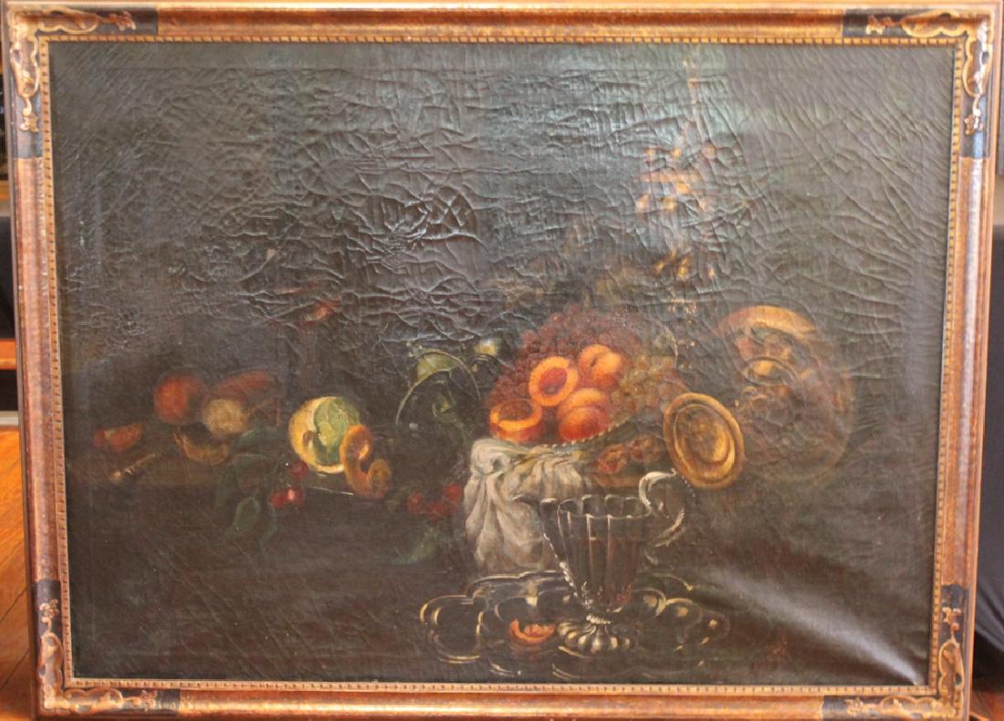 Flemish School: 18th century. Oil on canvas, handsome still-life of fruit and silver atop a table, unsigned. Scattered alligatoring to surface no repairs detected. Housed in quality gilt and ebony frame. H41 1/4" W55
