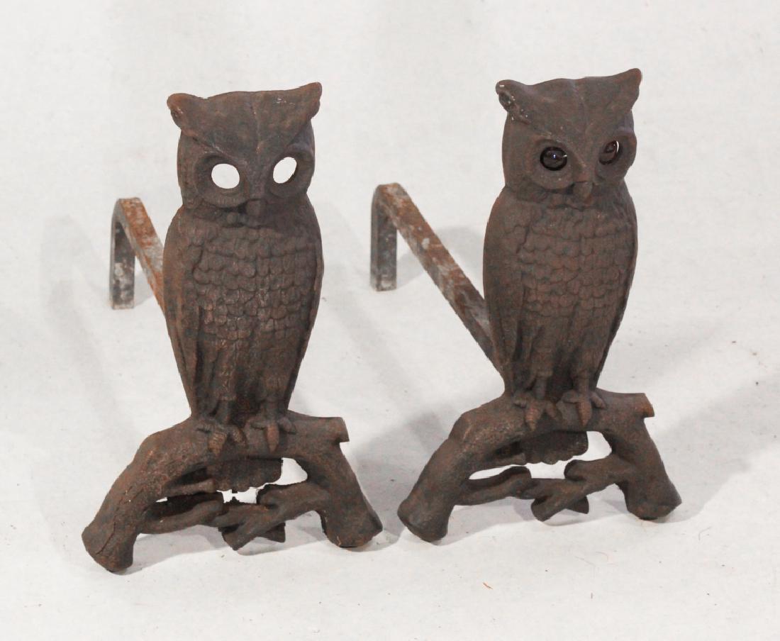 Pair Antique Cast Iron Owl Andirons (1 of 1)