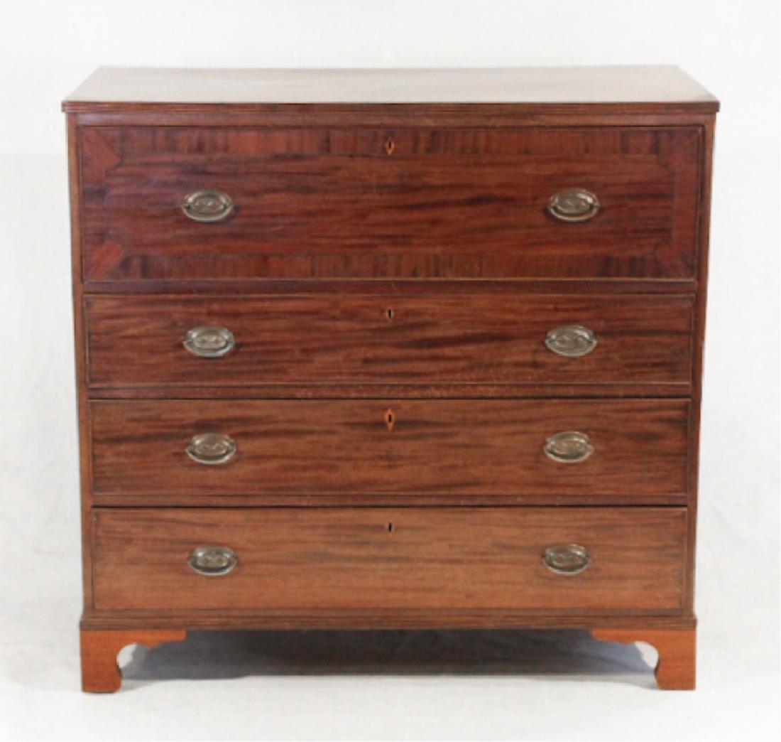 American Federal Mahogany Butlers Desk: Circa 1810. Having rectangular top with reeded and molded edge above inlaid and figured fall front pull out writing surface which opens to well-appointed interior having satinwood drawers and pigeon h