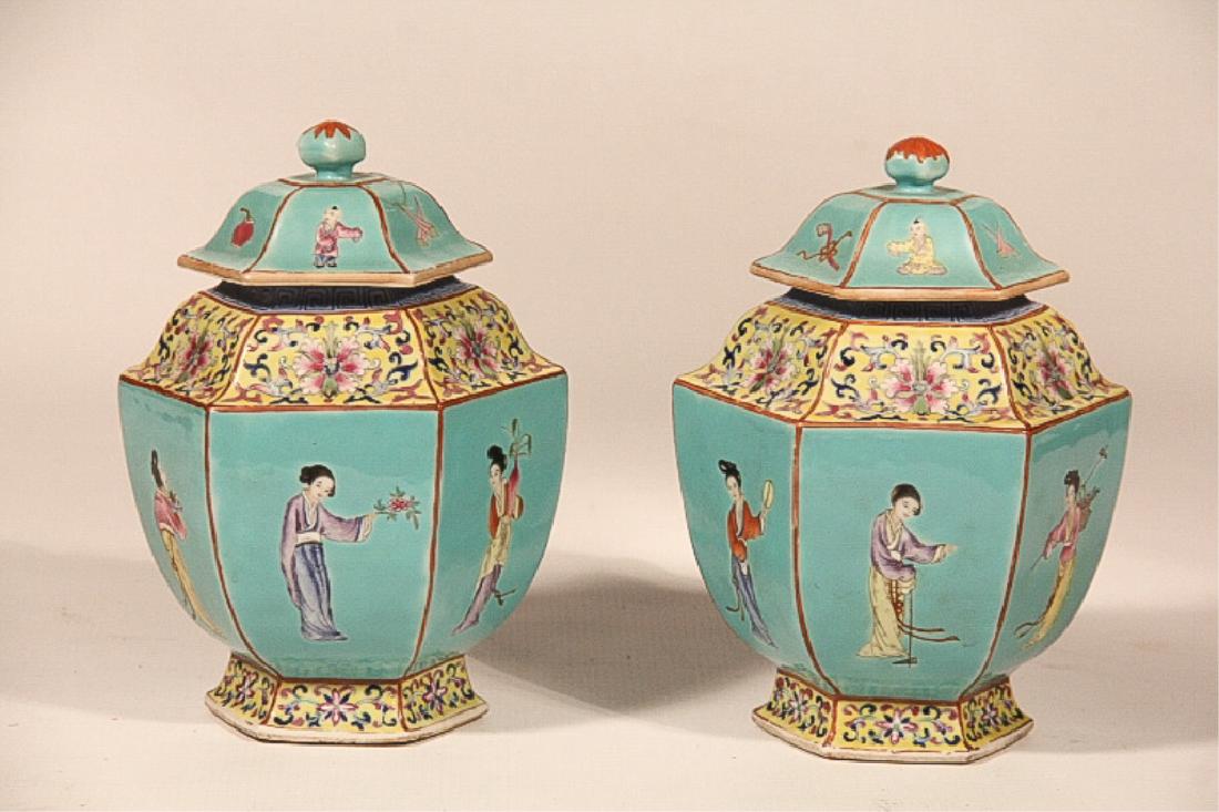 Pair Antique Republic Period Covered Porcelain Urn (1 of 4)