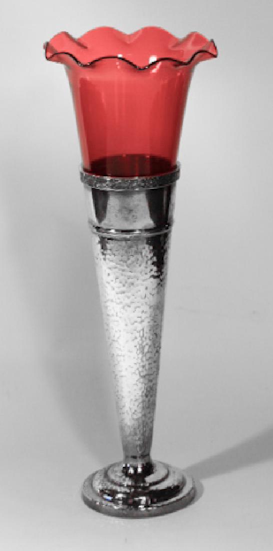 Edwardian Silver Plate & Cranberry Glass Center Vase (1 of 4)