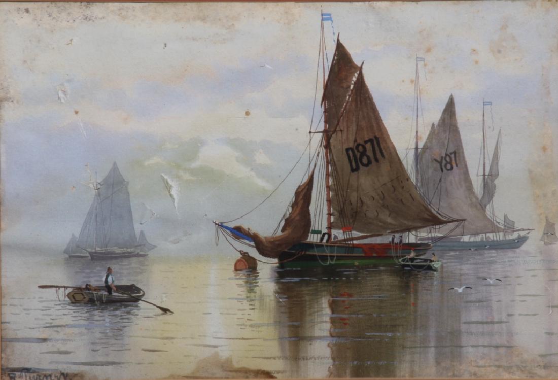 Ross Turner: (New York, 1847-1915) Watercolor of coastal scene with sailboats and man in rowboat, signed ÒR. TurnerÓ lower right. Some abrasions to paper at middle left hand side. Some staining at center bottom 