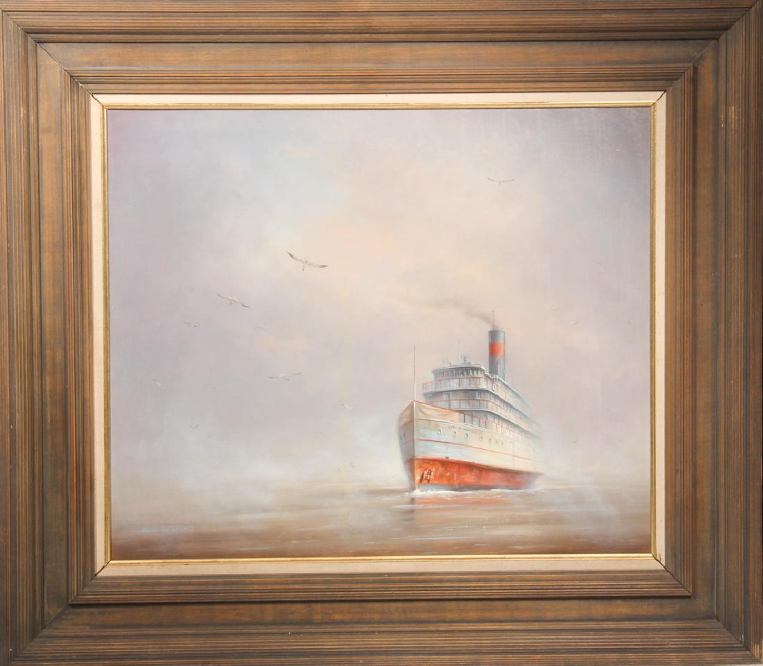 Melvin Orville Miller Jr.: (Maryland, 1937-2007) Oil on canvas titled on verso, "Chesapeake Mists." Very well executed oil housed in what looks to be the original frame. Good condition no damage detected. Framed: H29" W33"