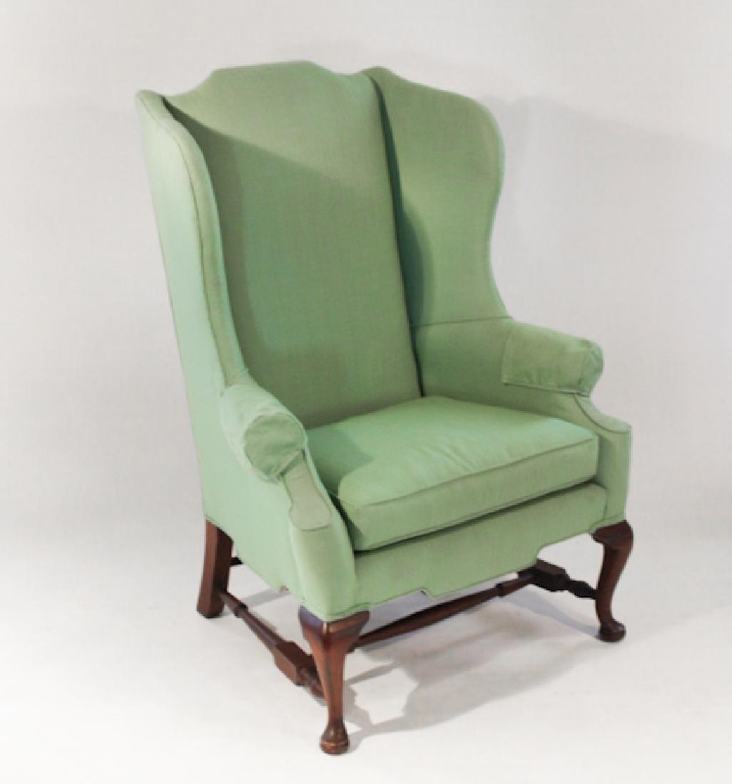 Queen Anne Style Mahogany Upholstered Wing Chair (1 of 1)