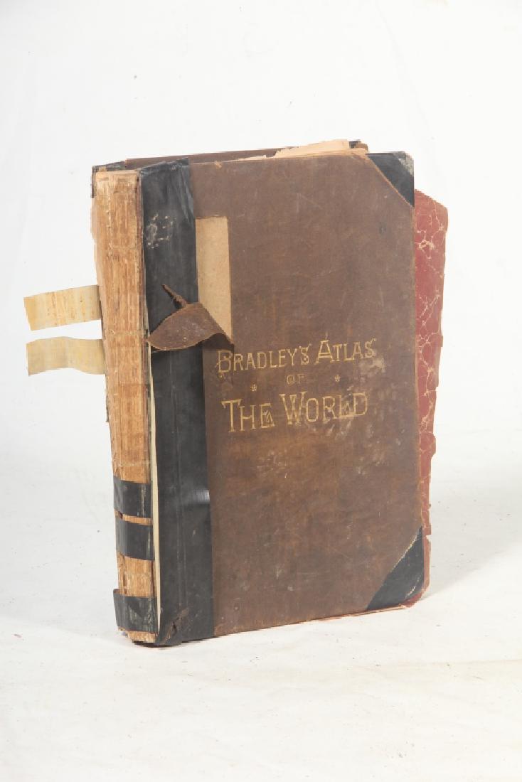 Antique Bradleys Atlas of the World: Published in Philadelphia 1888 by William Brandley and Brother. The book appears to be complete with all pages present. The cover is separated from the binding, some fraying to the edges of the paper 
