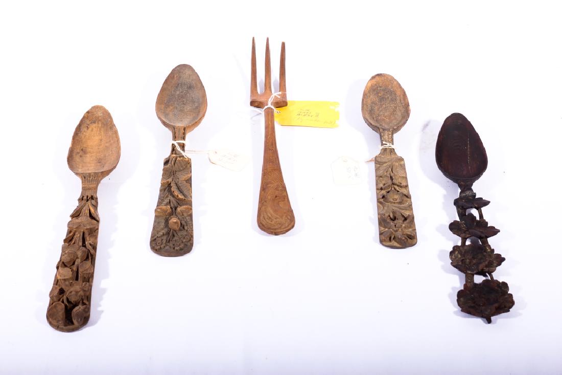 Antique Appellation Folk Carved Wood Spoons & Fork (1 of 4)