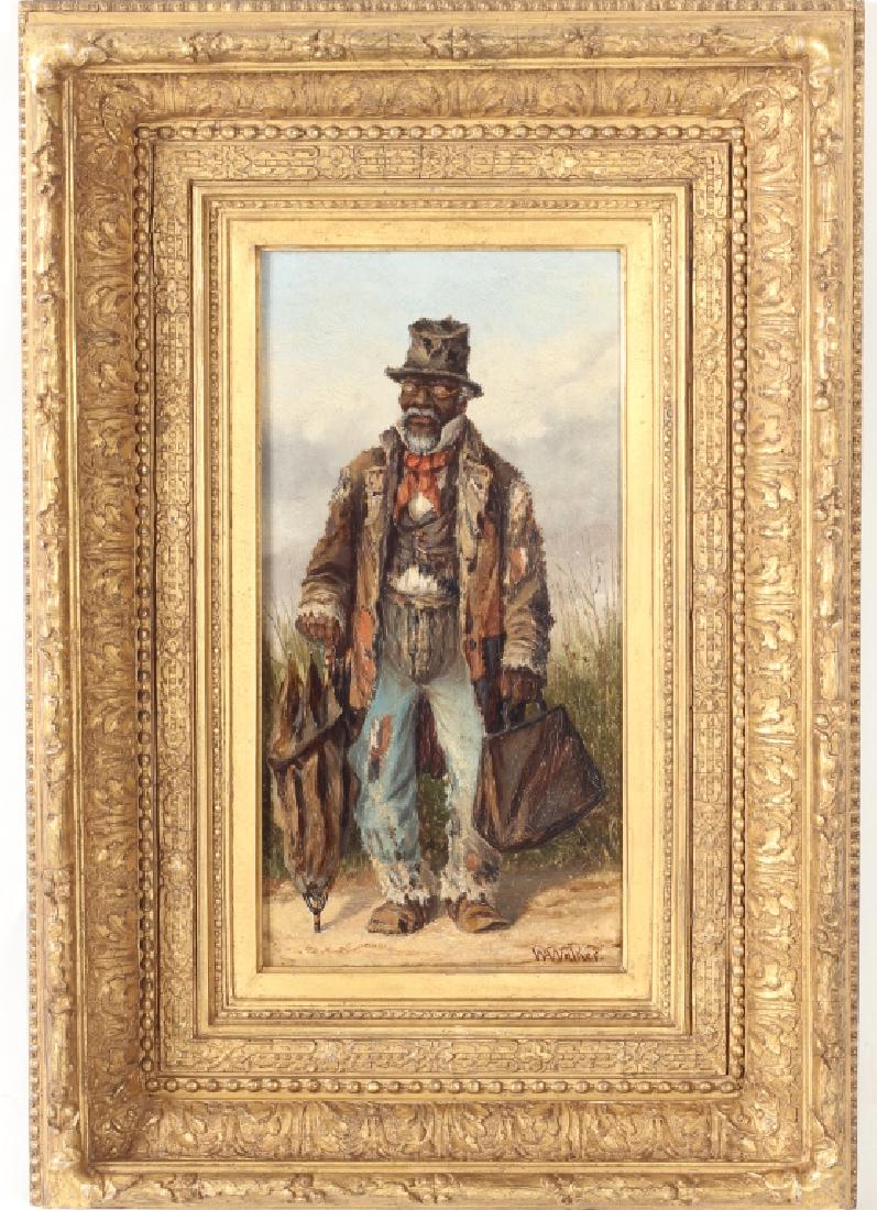 William Aiken Walker: (South Carolina/Maryland, 1838-1921) Fine portrait of an African American gentleman wearing worn clothing and with spectacles. The man looks to be traveling with bag and umbrella in hand. Signed lower