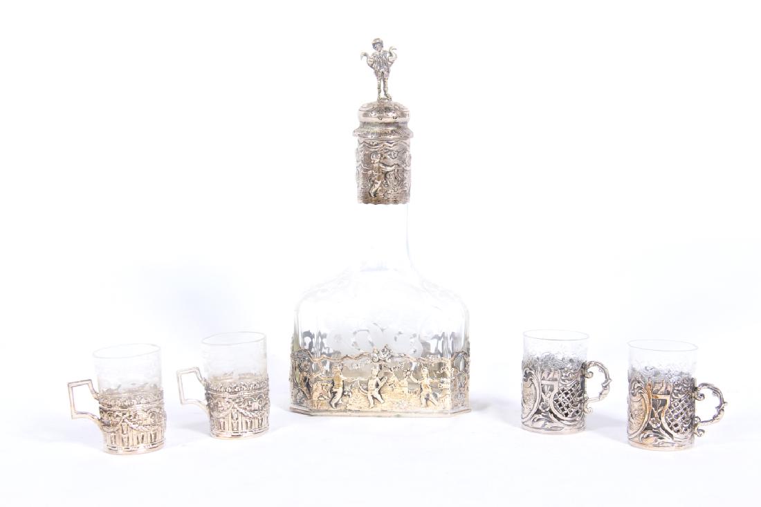 German .800 Silver & Etched Glass Decanter & Cups (1 of 4)