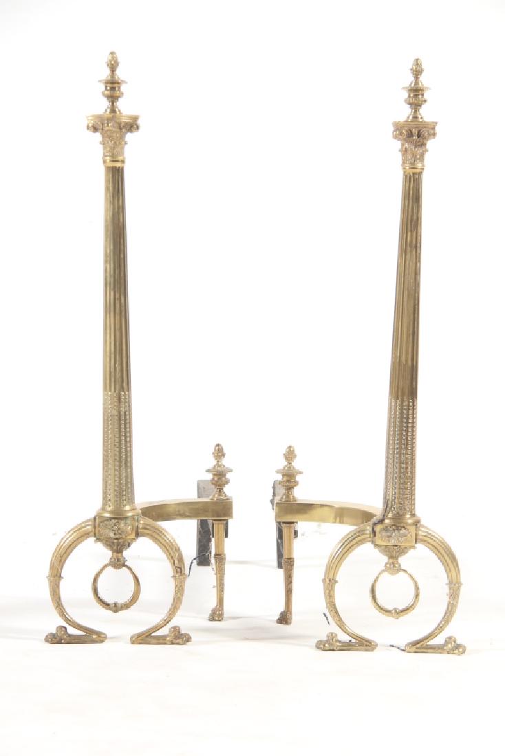 Good Pair Antique Adams Style Figural Andirons: Last half of the 19th century, British or Continental. The elegant pair having neoclassical from with a Grecian style acanthus capital above flared and reeded shaft leading down to elegantly formed ba