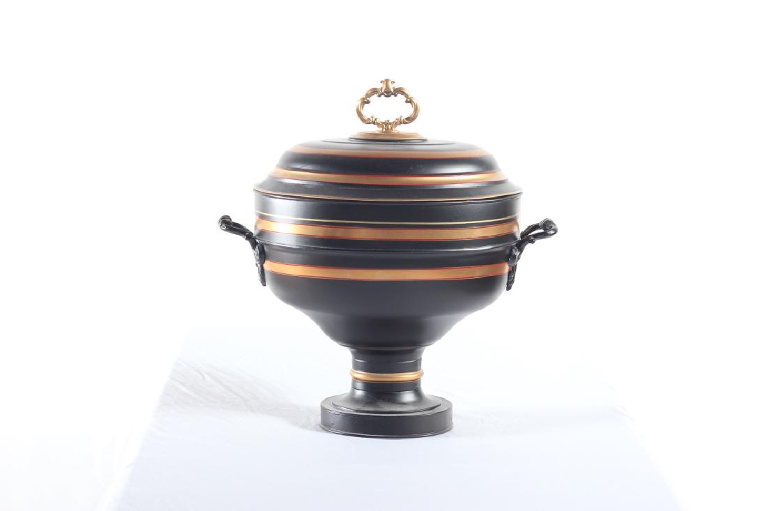 Antique British Tole Painted Metal Center Urn: 19th century. The handsome urn having figural handle at top and each side with well-detailed painted surface. Having a restored painted surface. Interior and base showing good signs of age. Good overa