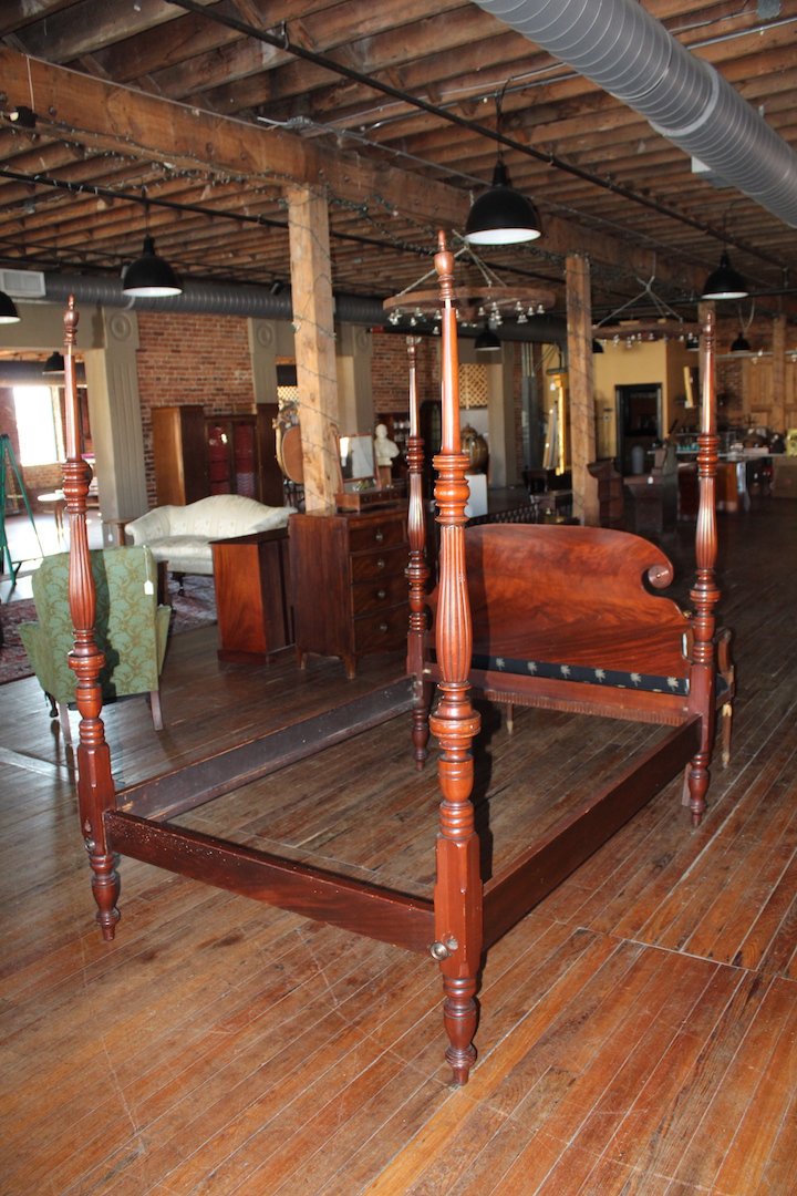 Federal Style Custom Mahogany Four Poster Bed: Early 20th century, likely shop made. The piece having a full tester above four well reeded and turned post with figured mahogany headboard flanked by turned wood rosettes at top corners. H78" W58 1/2