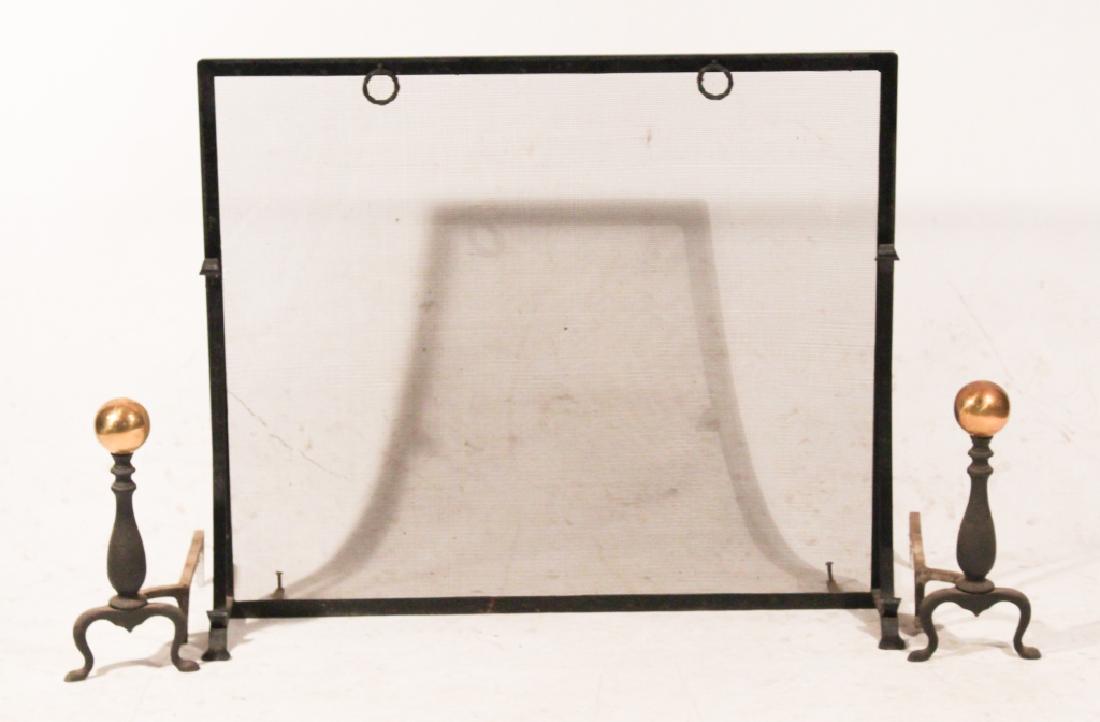 Vintage Iron & Brass Fire Screen & Andirons (1 of 1)