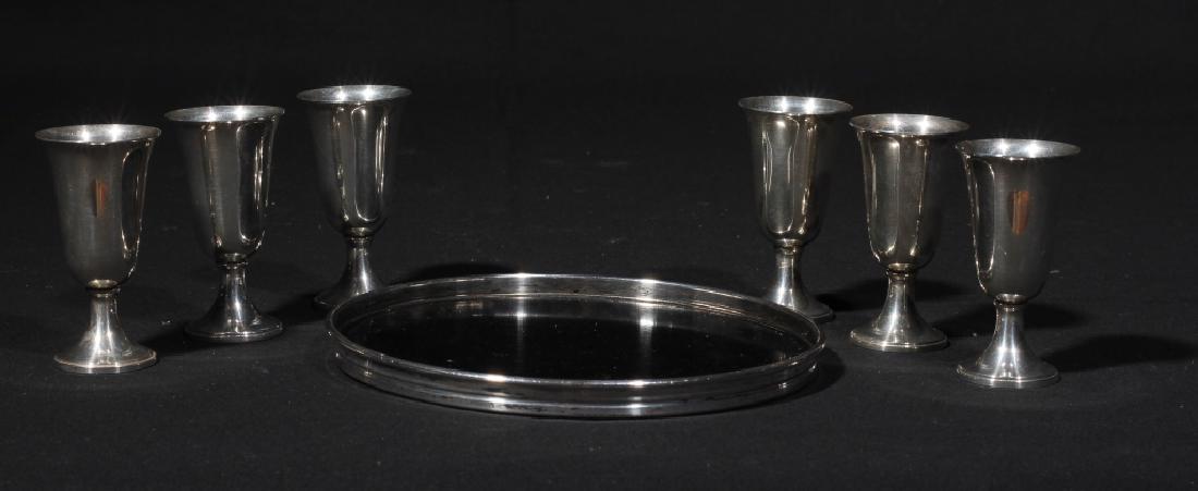 Web Sterling Silver Art Deco Stems & Matching Tray: Mid 20th century. Comprised of six stems and an ebony wood tray with sterling perimeter. Good condition.