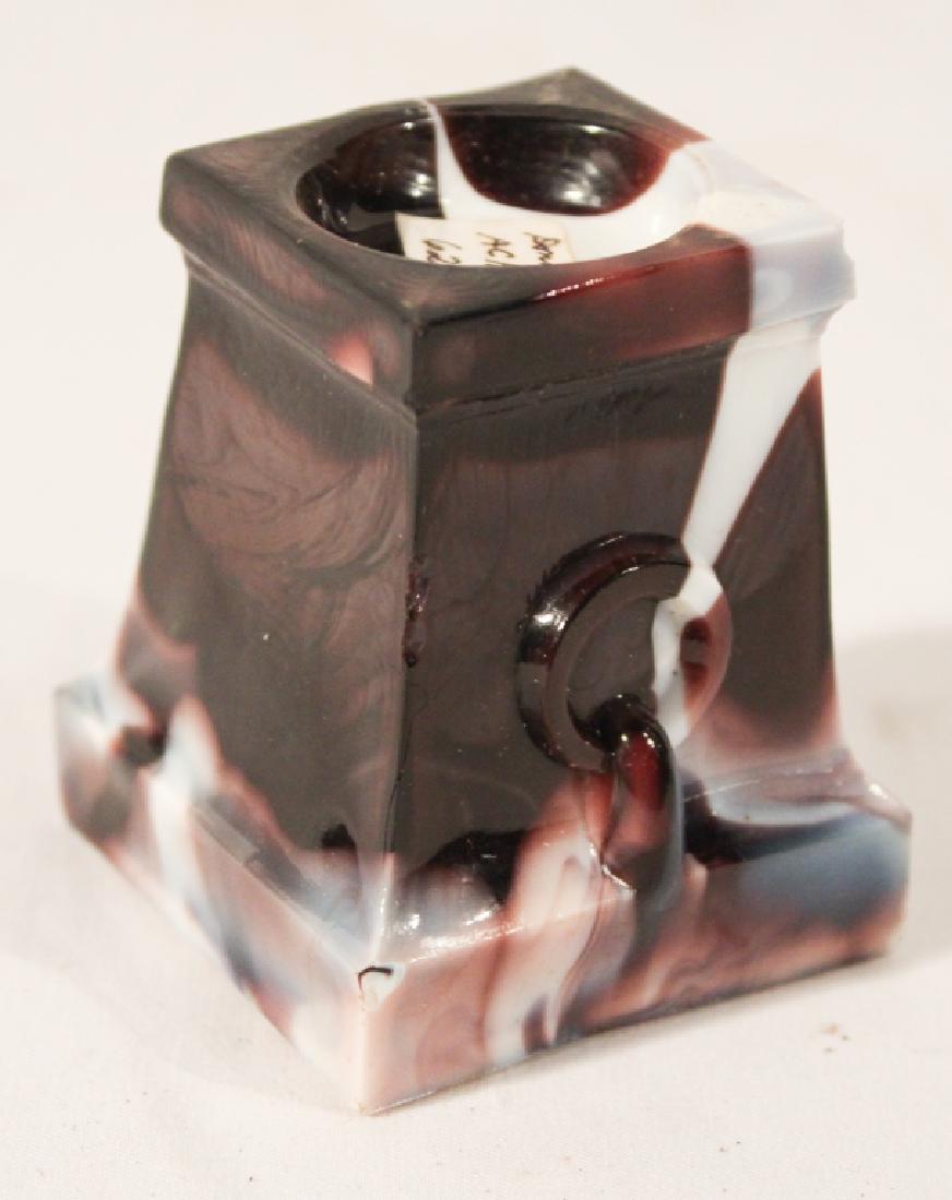 Antique Lavender Pressed Glass Candle Stand: 19th century, likely Sandwich Glass. The piece having a neoclassical form and comprised of lavender and white glass. Some small flea bites to high edges but overall good condition. H2 1/2" Sold from t