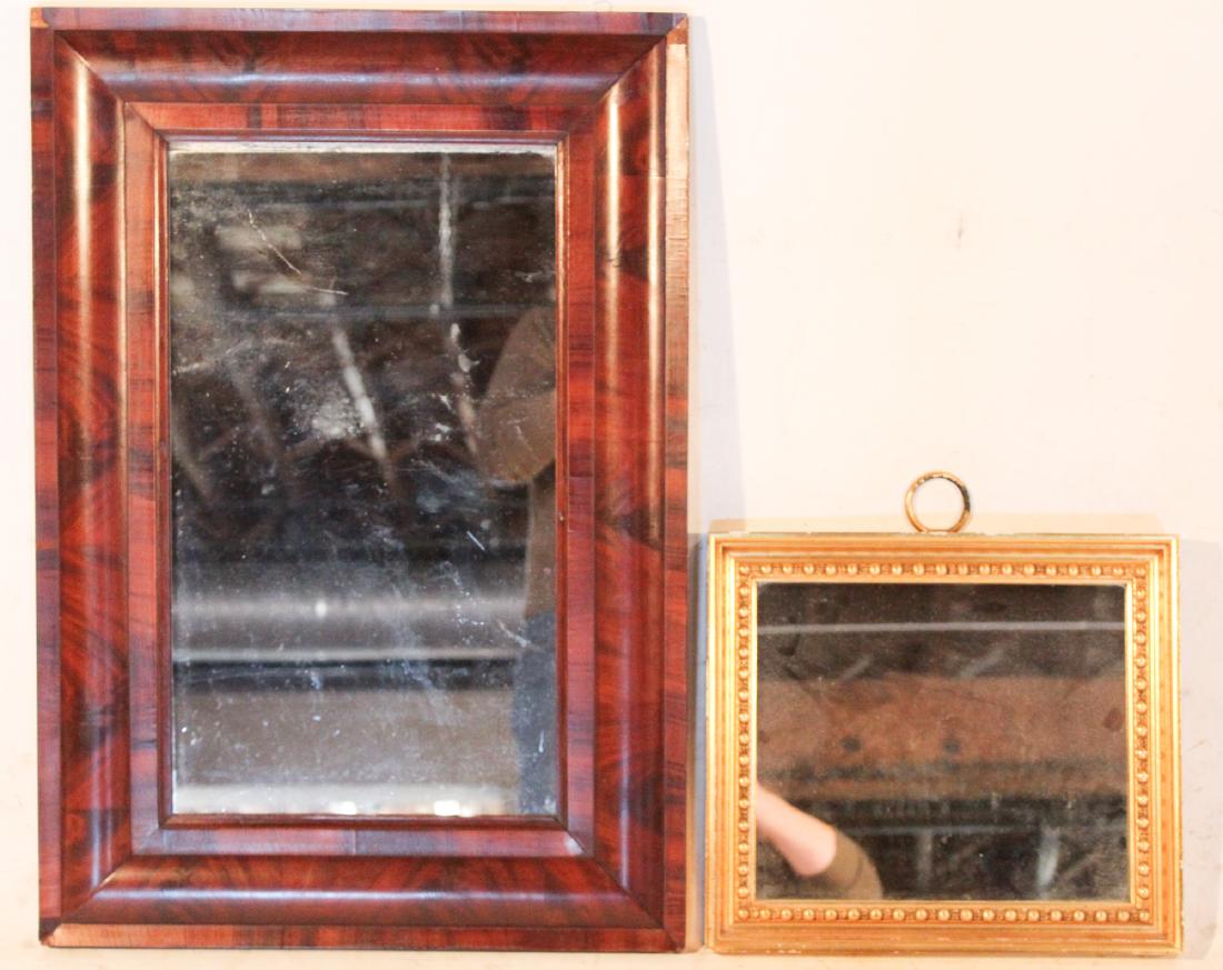 Two Antique Mirrors: One Classical mahogany mirror together with a Georgian style giltwood mirror. H33 1/8" W22 3/4" H15 1/8" W17 3/8"