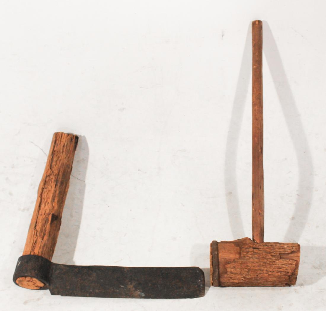 Antique Wood Mallet & Wrought Iron Log Splitter