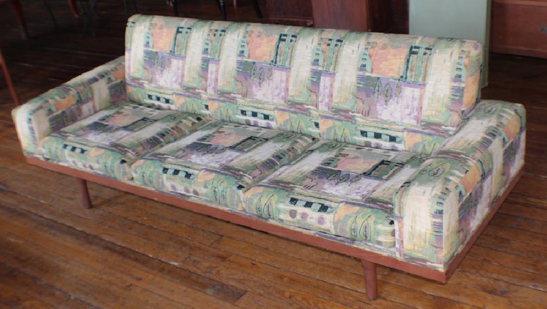 Danish Modern Teak Wood Sofa by Soren Willadsen: Circa 1940. Having a fine form with long frame in teak wood and with maker's medallion at underside. The fabric is in very good condition and quite handsome. L82"; H28"; D30"