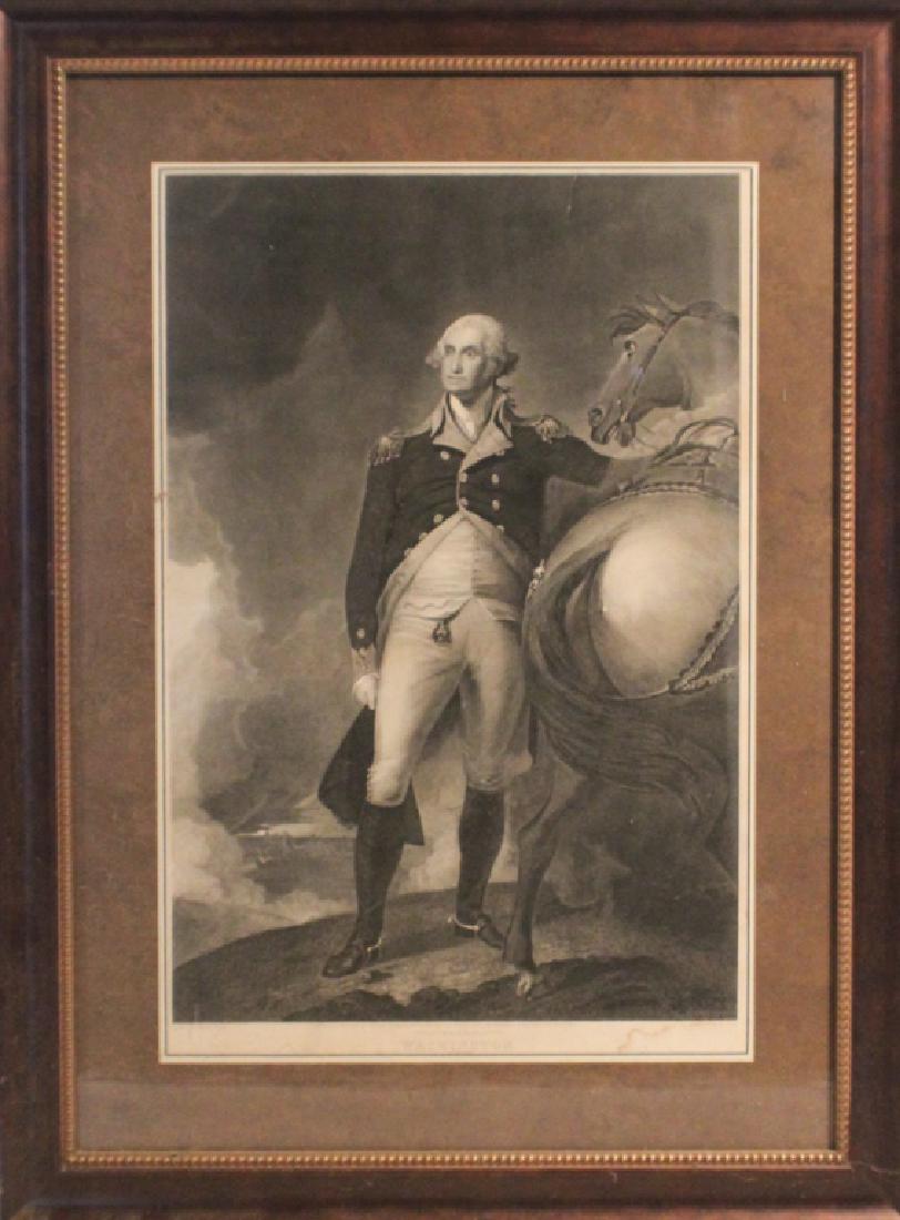 Lithograph of Washington after Gilbert Stuart: 19th century. Engraved by Kelly. The piece is handsomely framed and matted. Good overall condition, there is a small tear at the upper middle portion. Sight size: H25" W16"