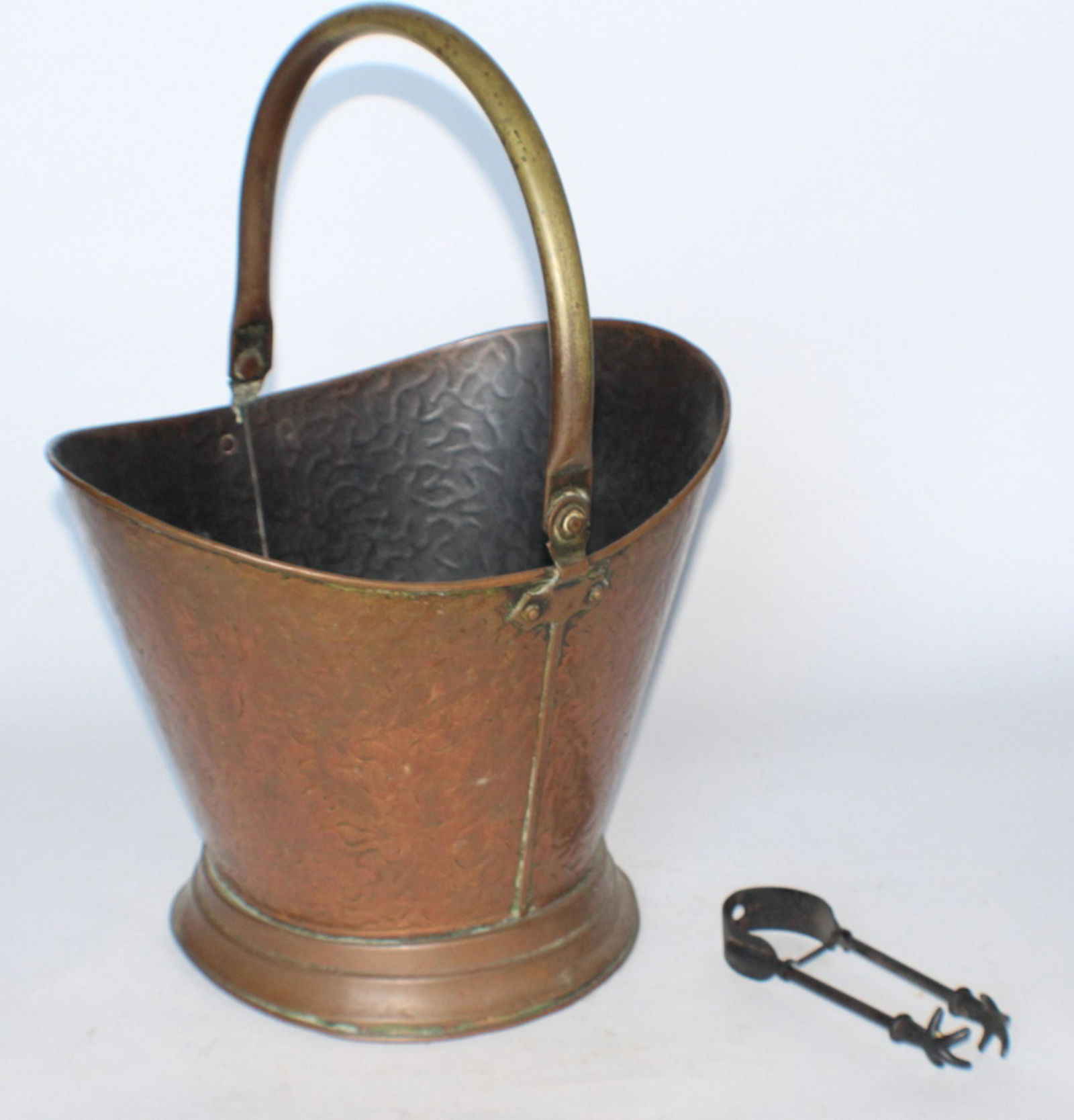 Antique Copper Coal Bucket with Iron Tongs (1 of 1)