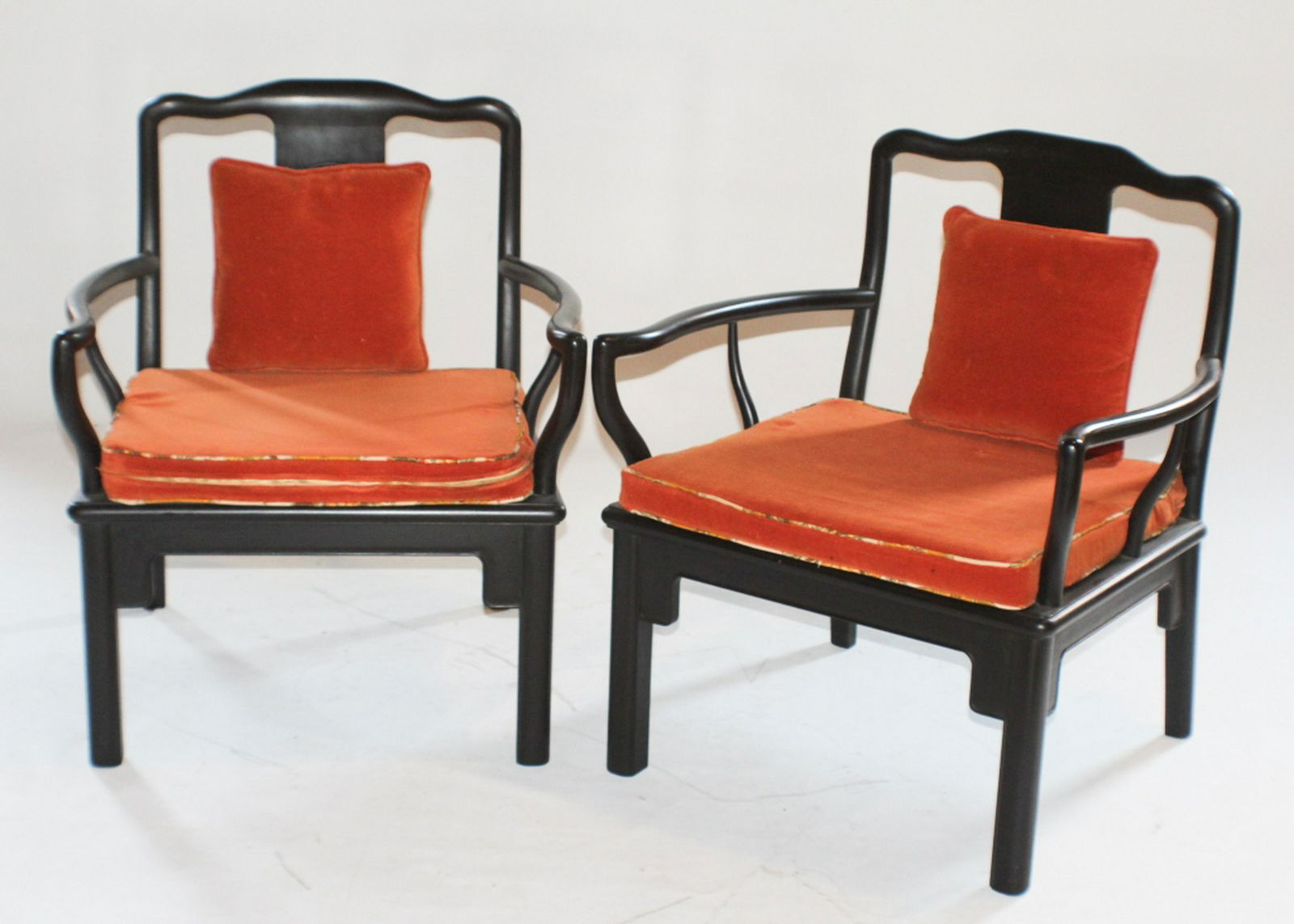 Pair Deco Chinese Ebony Carved Open Arm Chairs (1 of 2)