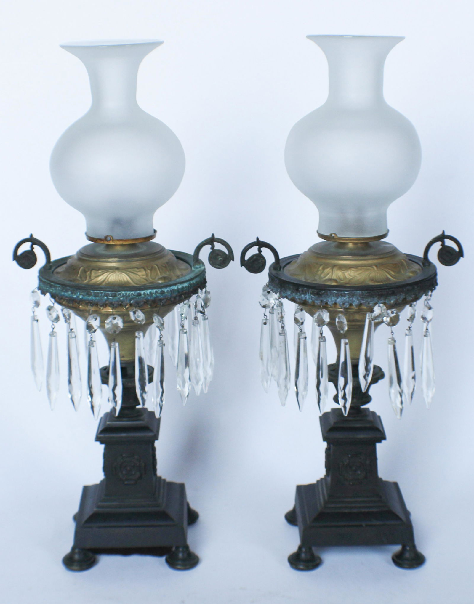 Pair Antique Neoclassical Bronze & Crystal Lamps (1 of 3)