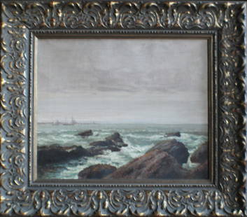 Charles Frederick (William) Mielatz: (New York/Rhodes Island/Germany, 1864-1919) Oil on canvas rocky coastal seascape with boats in distance. Signed lower right by the artist. Housed in handsome gilt frame. Sight size: H13 1/2" W16" (wit