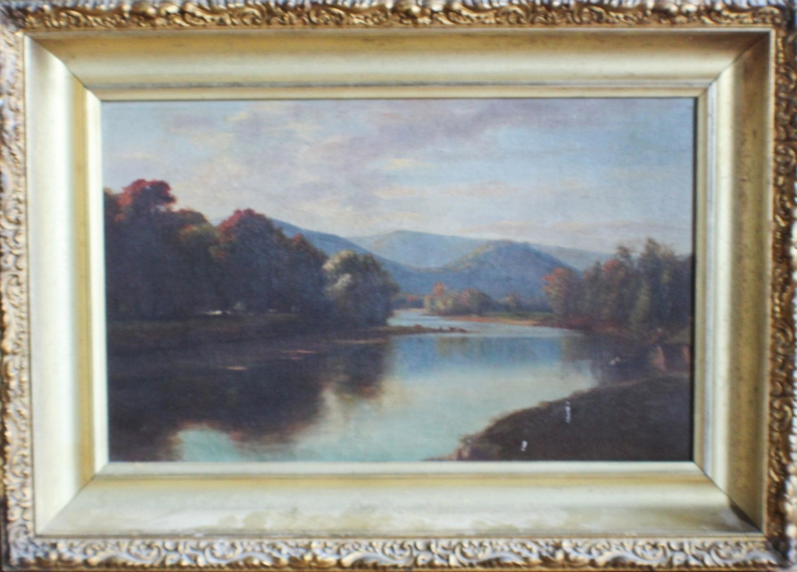 Hudson River School: Late 19th century. Oil on canvas autumn landscape with cattle in distance. Housed in period gilt frame. H9 1/2" W15 1/2" (without frame) Sold from the collection of an Upstate South Carolina gentleman