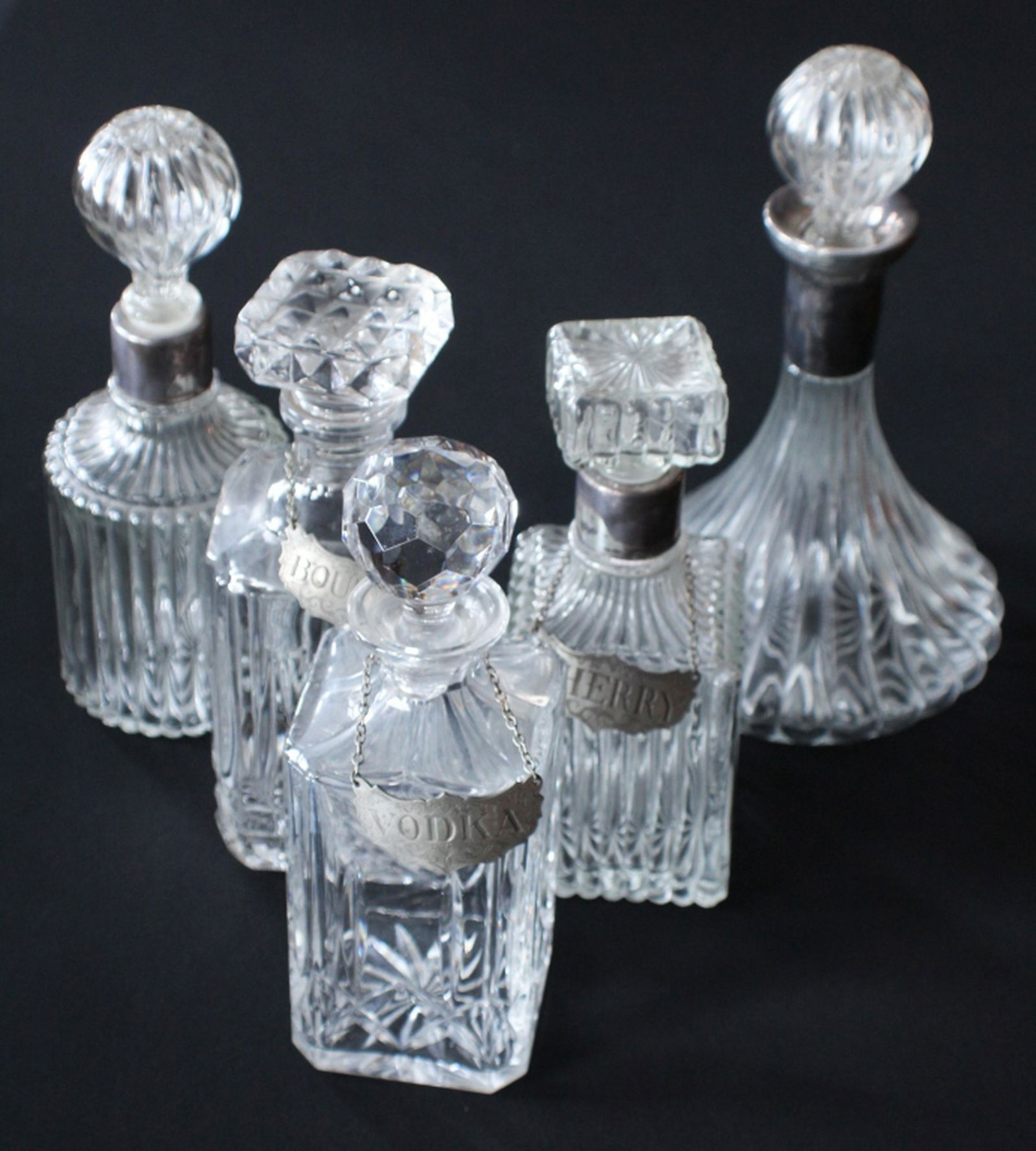 Five Deco Decanters with Three Steiff Pewter Label (1 of 1)