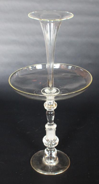 Antique Blown Glass Centerpiece: 19th century, likely English. Having a flared glass center vase above basin continuing down to flared base. Good condition the piece comes atop into three separate segments. H20 5/8" Sold from the col