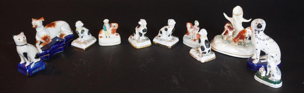 Antique & Vintage Staffordshire Miniature Pieces: 19th and 20th century, Britain. The group includes eleven total pieces of varying form. Several are 19th century, others are early to mid 20th century. Good condition throughout. Tallest: H5 1/2" Sold