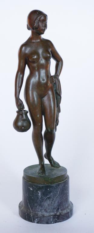 Hermann Haase-Ilsenburg: (Germany, 1879-1960) Bronze Art Deco nude woman with bucket in hand atop grey marble base. Signed at the back side of the bronze base. Nice patina and good overall condition. H17" Sold from the collec