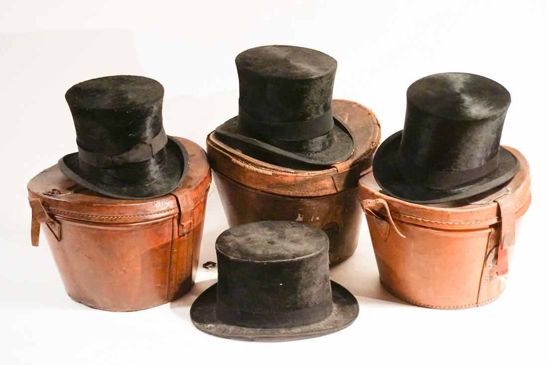 Four Antique English Leather Top Hat Boxes & Hats (1 of 9)