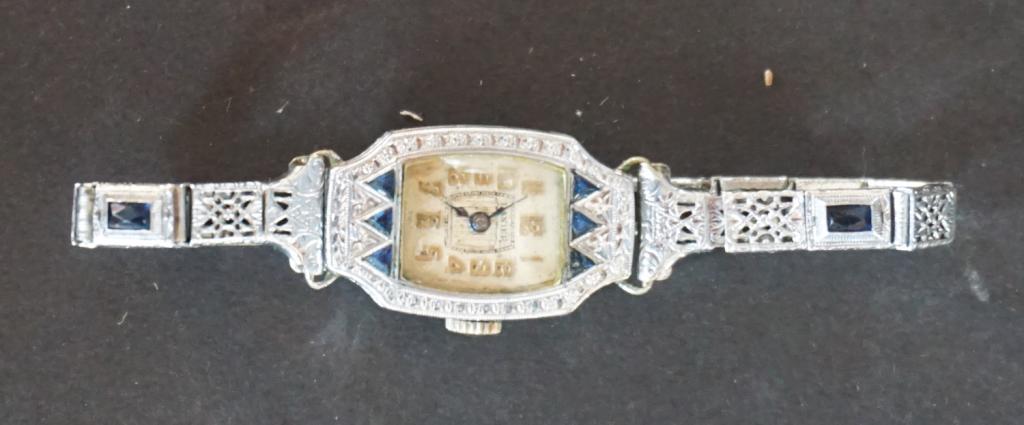 Vintage Ladies Bulova 15 Jewel Lanier Wrist Watch: Early 20th century. Swiss made watch having a jeweled case with stretch band. The movement is in working order and free moving. Sold from the collection of Mrs. Joanne Pirkle of Buckhead, Atlanta Geor