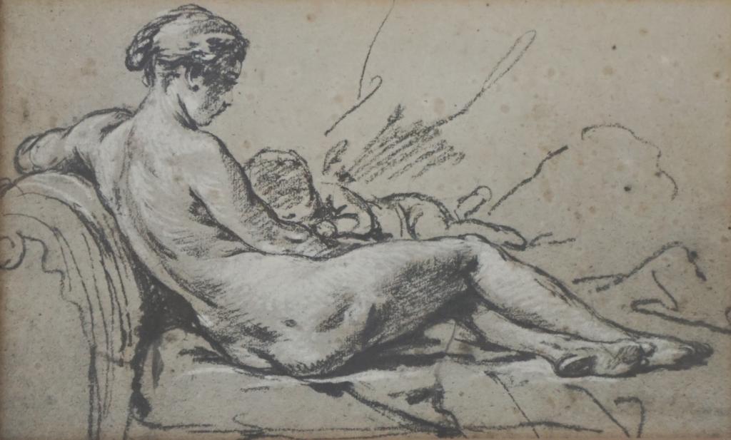 Alfred Boucher: (France, 1850-1934) Charcoal and chalk on paper reclining nude with child. Having artist name and title on verso. Some foxing consistent with age. Housed in early 20th century frame and matt. H6 1/2" 
