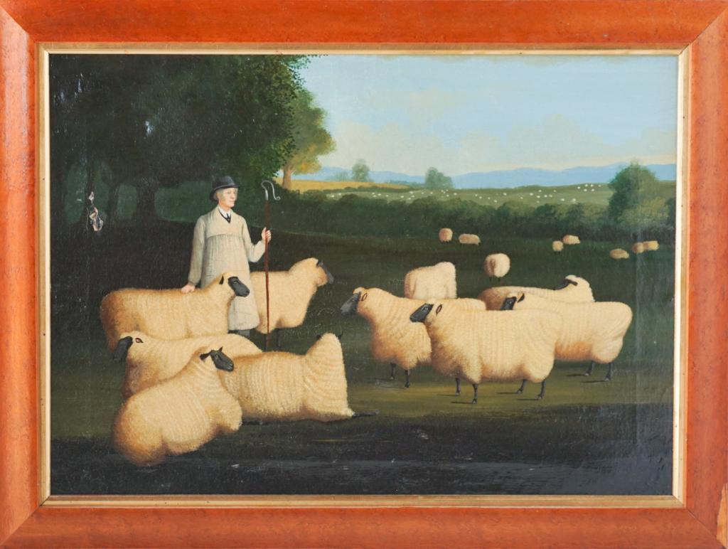 British School: Late 19th century. Oil on canvas depicting shepherd with sheep in field. The piece is well executed and has a folksy style. Some crazing to the surface and slight loss left middle near the forest. Sev